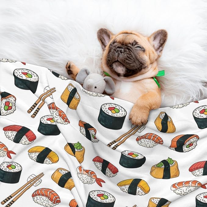 Two Sided Plush Pet Blanket for Warmth Comfort, Sushi, Reversible Throw with Cozy Nubby Side for Chilly Nights Napping Spots Around House