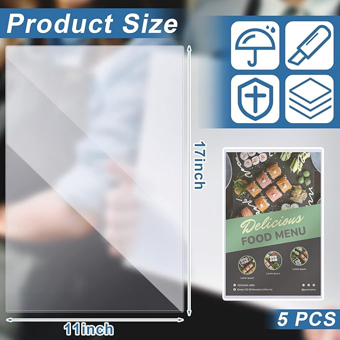 Henoyso 5 Pcs 11" x 17" Rigid Print Protectors, Heavy Duty Hard Plastic Sheet Page Protectors Crystal Menu Holder Clear Poster Sleeve Top Loading Frame for Magazine Photo Paper Poster Prints