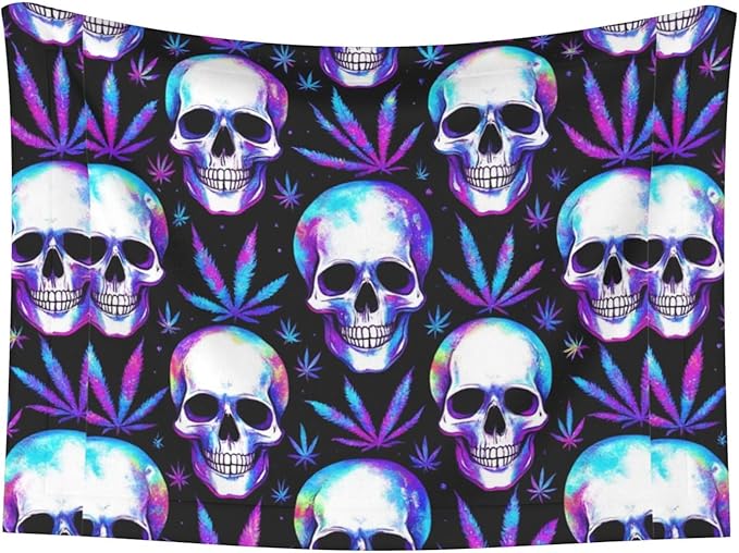 Double Sided Pet Bed Blanket for Added Cushion Warmth, Blue Weedleaf Trippy Skull Crossbones Black, Reversible Cover with Textured Dot Surface for Existing Beds Standalone Mat