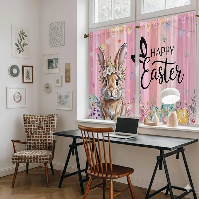 Easter Tier Curtains, Spring Rabbit Eggs Flowers Flags Leaves Wood Grain Light