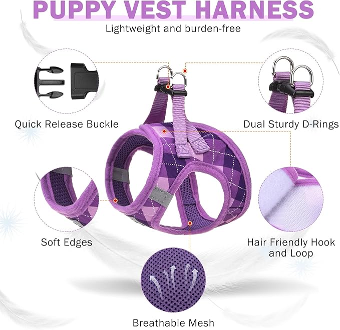 SCENEREAL Small Dog Harness and Leash Collar Set, Step in No Pull Soft Mesh Dog Harnesses for Small Medium Sized Dogs Puppy and Cats Outdoor Walking, No Chock Reflective Vest Harness, Purple Plaid S