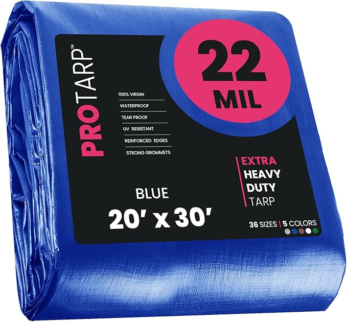 PROTARP Extreme Heavy Duty 22 Mil Tarp Cover, Waterproof, UV Resistant, Rip and Tear Proof, Poly Tarpaulin with Reinforced Edges for Roof, Camping, Patio, Pool, Boat. (Blue 20′ X 30′)
