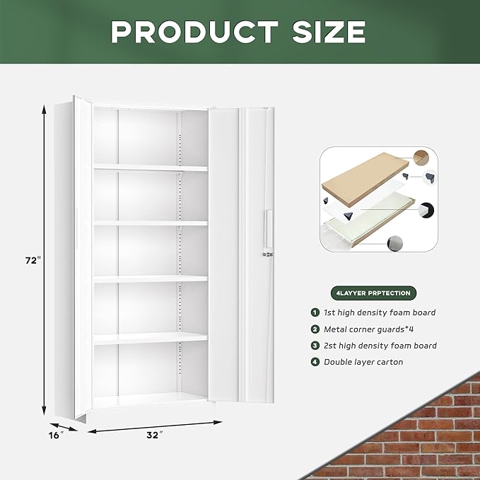 Greenvelly White Metal Storage Cabinet for Garage, 72” Steel Locking Cabinet with Doors and 4 Shelves, Tall Tool Organizer for Garage Systems Lockable File Storage for Home Office, Classroom
