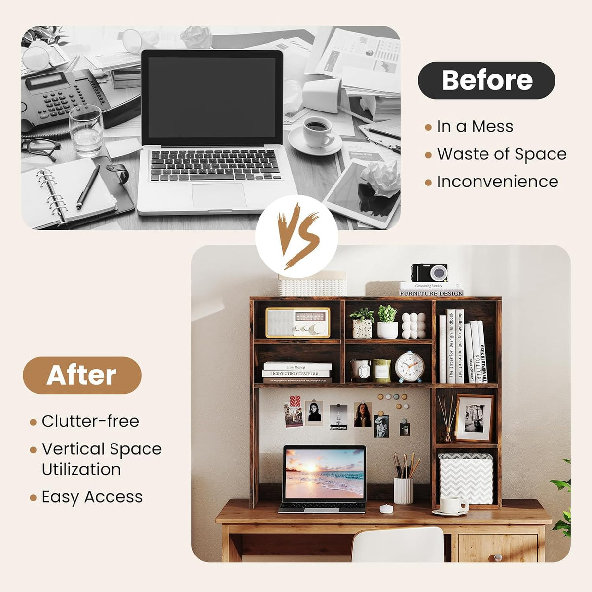 MAT EXPERT Wooden Desktop Bookshelf, Countertop Desk Hutch w/ 7 Cubes & Adjustable Shelves, Anti-toppling Kits, Table Top Organizer Shelf Fits Monitors up to 27” for Dorm, Office, Study (Rustic Brown)