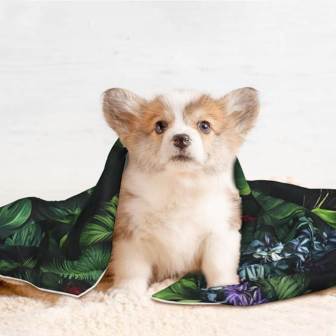 Waterproof Dog Blanket Soft Pet Blanket for Puppy Cat, Fleece Cat Throw Blankets for Furniture Bed Couch Sofa Reversible - Lush Foliage Green Plant