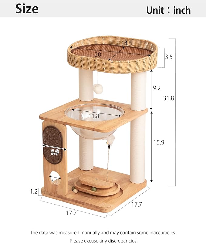 Wood Cat Tree for Large Cats, Modern Cat Tree Tower with Wide Shelves Cotton Scratching Posts, Super Sturdy Base, Cozy Perches, and Interactive Toys for Indoor Kittens 31-Inch