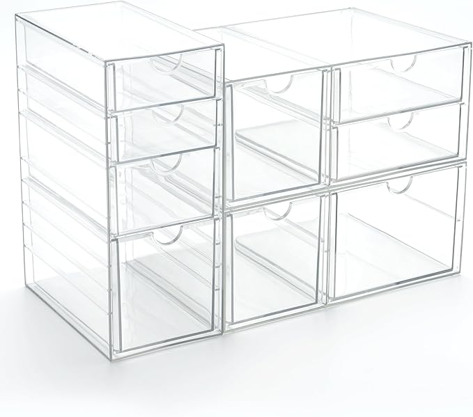 Prsildan Acrylic Drawer Makeup Organizer with 9 Drawers, Set of 3 Office Desk Organizers Accessories, Clear Stackable Storage Drawers for Vanity, Countertop, Craft, Jewelry, Art Supply Organization