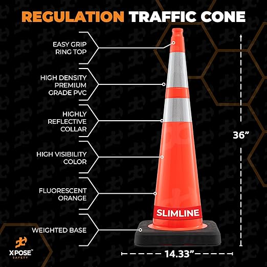 Xpose Safety 36 Inch Orange Slim Line Traffic Cones Heavy Duty 12lb with 6" & 4" Collars, 12 Pack Multipurpose PVC Plastic Safety Cone for Parking, Soccer, Caution, Kids & Construction - DOT Approved