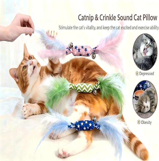 Catnip Toy Candy Shape with Bright Colors Feathers & Bell, Kicker Chew Toy for Indoor Cats, Enrichment Toys for Bored Kittens & Adult Cats, 3-Pack Crinkle Plush Toys for Teething and Play