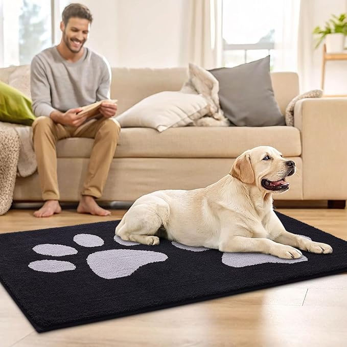 Buganda Dog Door Mat for Muddy Paws, Absorbent Dirt Trapper Washable Indoor Doormats, Non Slip Low-Profile Mud Mat for Dogs, Front Entrance Doormat for Inside Floor (40x32 Inches, Black and Grey)