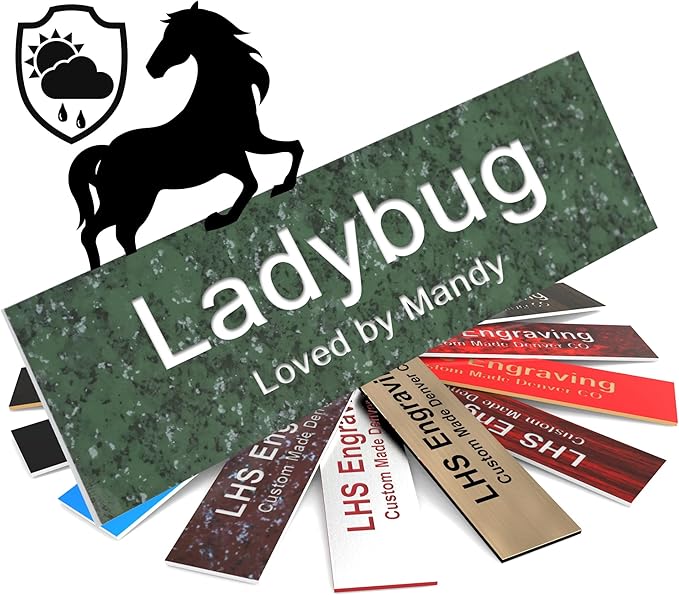 Horse Stall Name Plate, 2x8 Personalized Stall Signs, UV Protected, All Weather Adhesive, Hanging, Mounting or Other, Green Marble Pattern Plastic White Letters - Made in USA - S4
