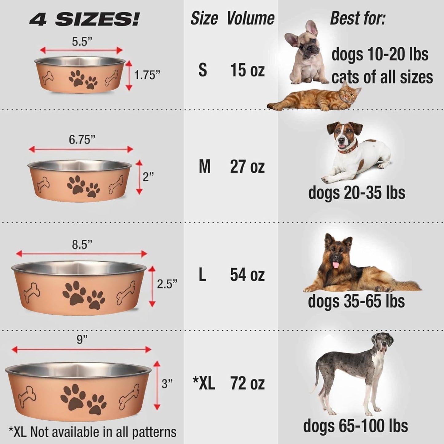 Loving Pets Bella Dog Bowls- Stainless Steel Dog & Cat Bowls - Spill Proof Dog Food Bowl, Cat Bowl, Puppy Essentials & Pet Supplies Great for Home & Travel (X-Large 65-100lbs, Champagne)