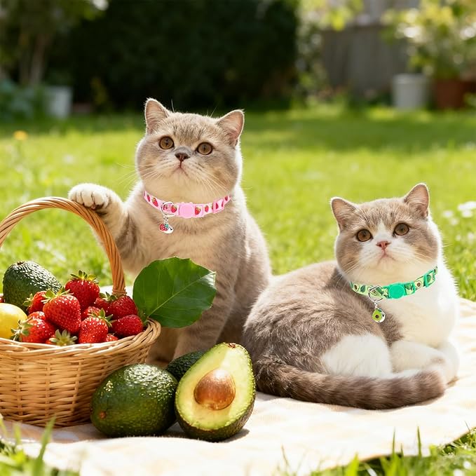PUPTECK Breakaway Cute Cat Collar with Bell Charm, 2 Packs Adjustable Kitty Collars Fruit Pattern, Pink&Green, 7.8-11.8 in