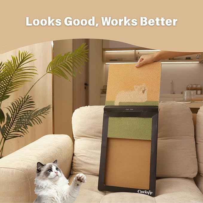 Wall Art Cat Scratcher, Decorative Vertical Cat Scratching Board, 17x12 Framed Cardboard Scratch Pad with Renter-Friendly No-Drill Wall Mount, Indoor Cat Toy & Furniture Protector(Yawning Kitty) 1