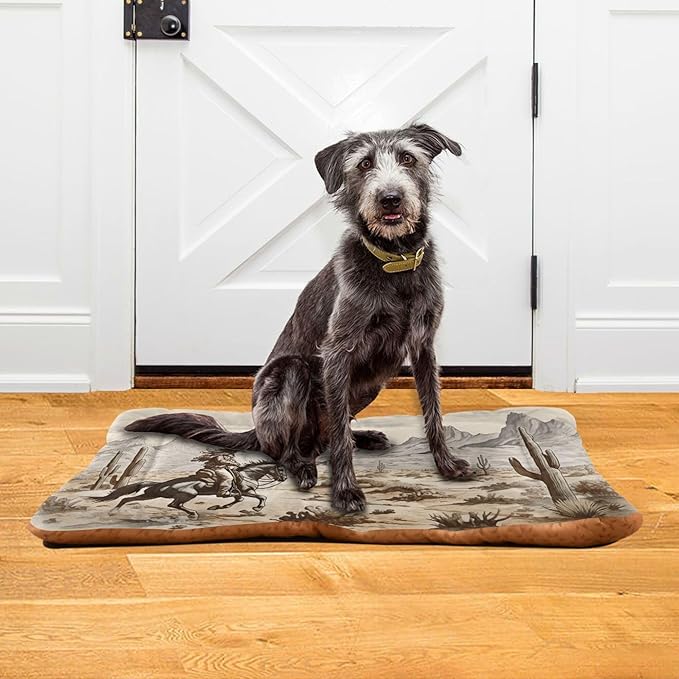 Western Desert Cowboy Dog Bed Cat Bed with Non-Slip Bottom, Kennel Bed Crate Soft Pet Bed Mattress Washable Pets Bed Pad for Small Medium Large Dogs Cats,36x24in