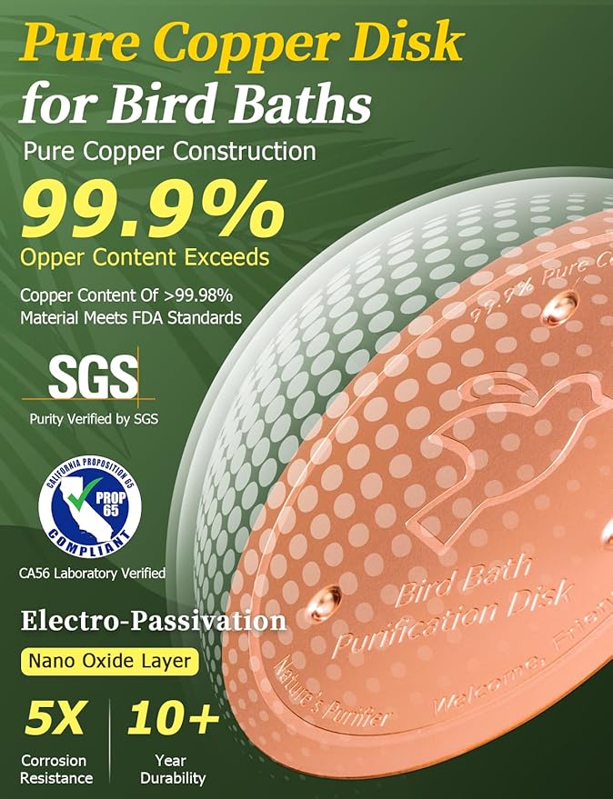 Mellbree 3-Pack Bird Bath Copper Disk, 0.6mm Reinforced 99.99% Pure Copper Cleaning Disk with Triple-Point Support for Physical Safe Clean Water All-Season