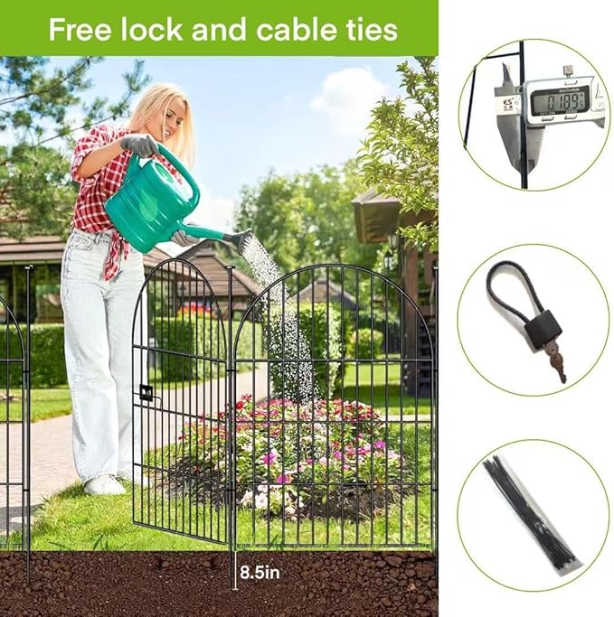 ADAVIN Garden Fence Animal Barrier with Gate 32 in(H)×17.5 Ft(L) 8 Panels,Rustproof Metal Wire Tall Fencing Border for Dogs Rabbits,Outdoor no dig pet Fences,Black Flower Edging for Yard,Arched