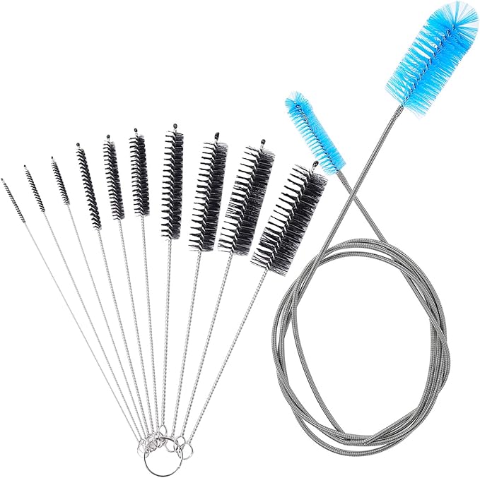 Aquarium Filter Brush Set, Flexible Double Ended Bristles Hose Pipe Cleaner with Stainless Steel Long Tube Cleaning Brush and 10 Pcs Different Sizes Bristles Brushes for Fish Tank or Home Kitchen