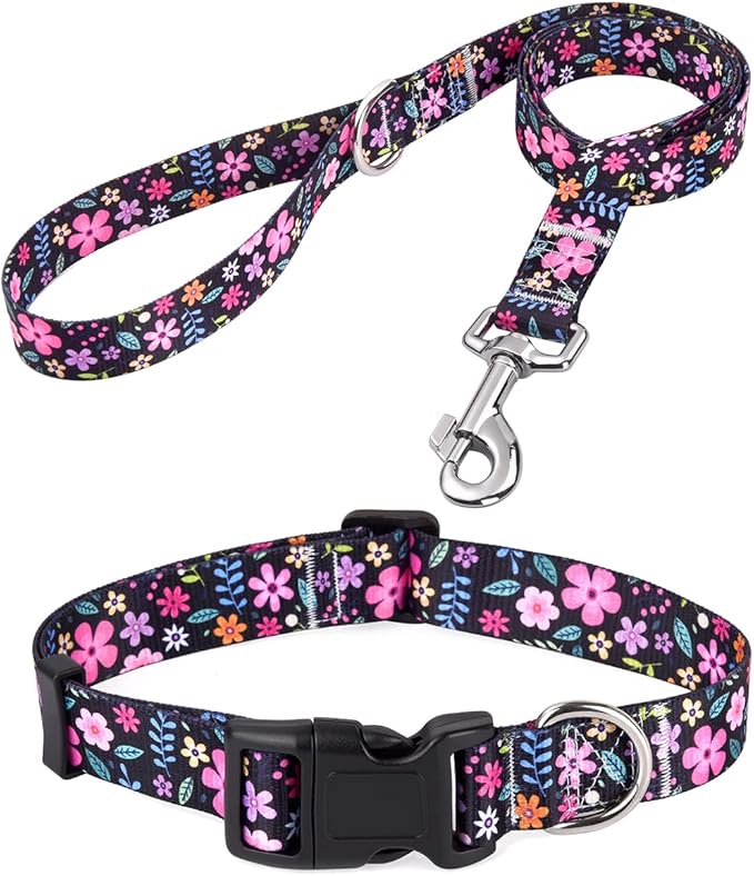 Dog Collar and Leash Set with Bohemia Floral Tribal Geometric Patterns - Soft Ethnic Style Collar Adjustable for Small Medium Large Dogs(Floral Set,S)