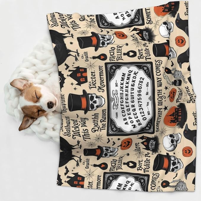 Double Sided Plush Pet Blanket with Cozy Dot Texture, Halloween Witchcraft Witch Pumpkin Spider Web Bat Raven Magic Board Spirit Skull Skeleton Vintage Black, Reversible for Dogs Cats on Couches Beds