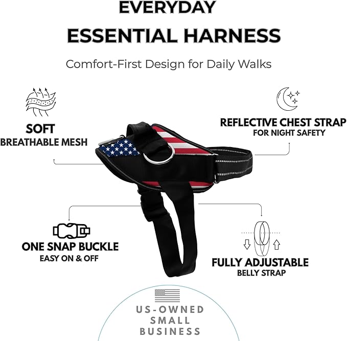 ShawnCo Essential Dog Harness, No-Pull Pet Vest with 3 Leash Clips, No Choke, Reflective, Adjustable and Padded, for Easy Walking and Training for Small, Medium and Large Dogs (Stars and Stripes, XL)