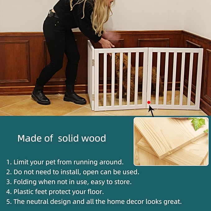 ZJSF Freestanding Indoor Dog Gate for House Foldable Wood White Puppy Gate for Doorways Pet Gate for Stairs Extra Wide Pet Fence 32" Height 3 Panels