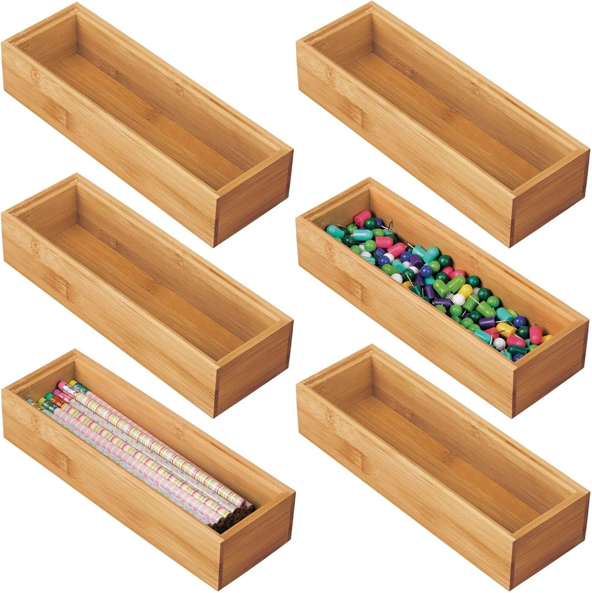 mDesign Wooden Bamboo Office Drawer Organizer Box Tray, Stackable Storage for Drawers, Cabinets, Shelves, Cubby, or Desktop, Hold Pens, Pencils, Supplies, Echo Collection, 6 Pack, Natural Wood Finish