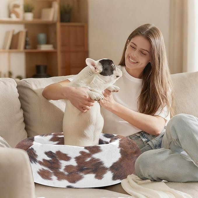 Round Cat Bed Dog Bed,13in Cow Print Washable Non-Slip Bottom Soft Pet Bed for Small Medium Dogs and Cats