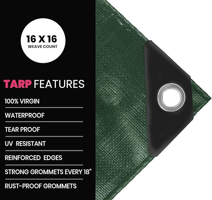 PROTARP Extreme Heavy Duty 22 Mil Tarp Cover, Waterproof, UV Resistant, Rip and Tear Proof, Poly Tarpaulin with Reinforced Edges for Roof, Camping, Patio, Pool, Boat. (Green/Black 18′ X 24′)