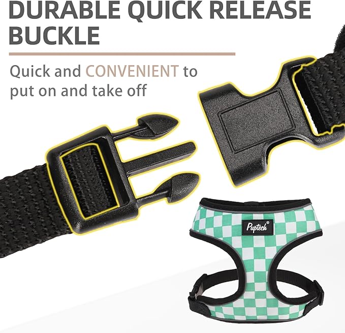 PUPTECK Soft Mesh Dog Harness and Leash Set Pet Puppy Cat Comfort Padded Vest No Pull Harnesses, Checkered Green&White, S