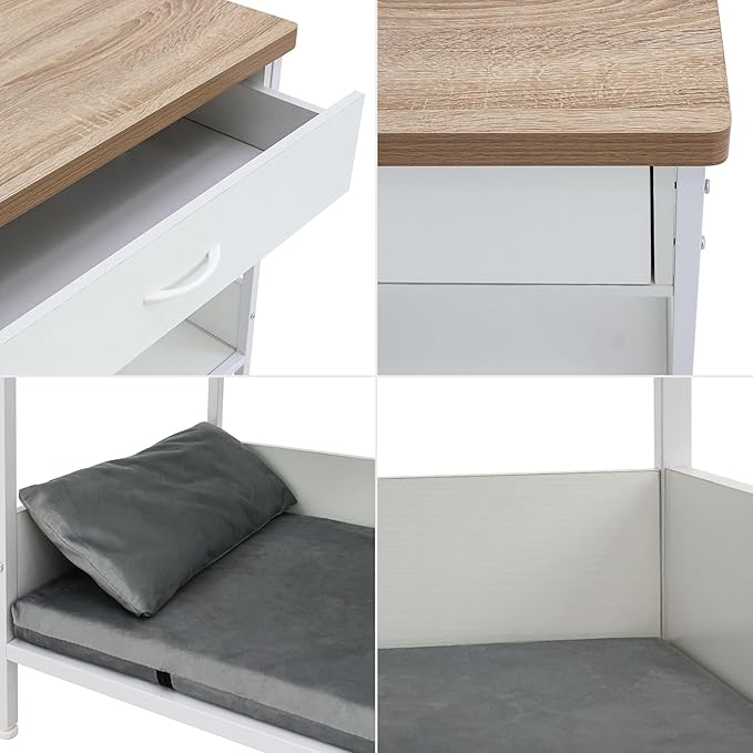 Multi-Functional Dog Bed End Table with Storage Drawer, Open Design Pet Bed with Removable Washable Cushion, Comfortable Resting Spot for Small & Medium Dogs, Indoor Use (White)