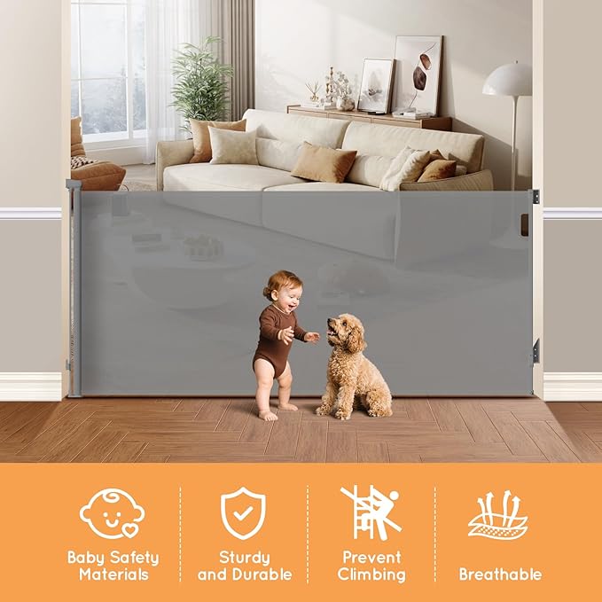 Retractable Baby Gate for Stairs, 71" Wide Mesh Pet Gate, Automatic Tension, One-Hand Operation, 38" Tall Baby Gates for Doorways, Hallways, Deck, Indoor Outdoor, Safe, Easy to Fit, Gray