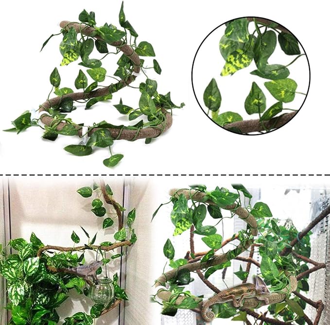 PINVNBY Bearded Dragon Tank Accessories,Lizard Habitat Hammock Reptile Natural Coconut Shell Cave Jungle Climber Bendable Vines Leaves Decor for Gecko Chameleon Snakes Lizards(5 Pcs)