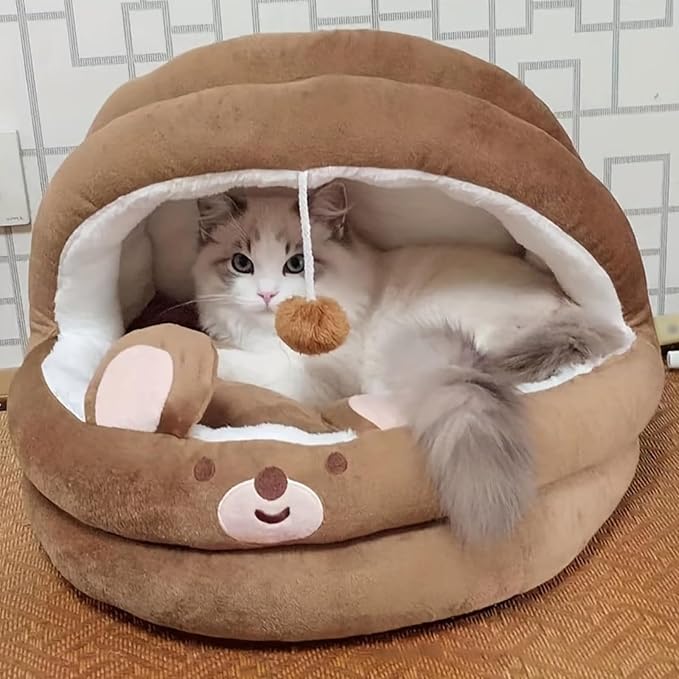 Cat Bed for Indoor Cats, Dog Bed with Anti-Slip Bottom, Rabbit-Shaped Cat/Small Dog Cave with Hanging Toy, Puppy Beds with Removable Cotton Pad, Super Soft Calming Pet Sofa Bed (Brown, Small)