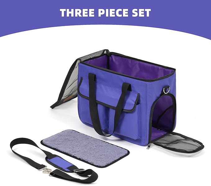 Cat & Dog Carrier for Pets Up to 15 Lbs, Airline Approved Soft-Sided Collapsible Pet Carrier for Cats & Dogs, Cat Carrier with Breathable Mesh, Padded Interior – Ideal for Car Rides, Daily Use(purple)