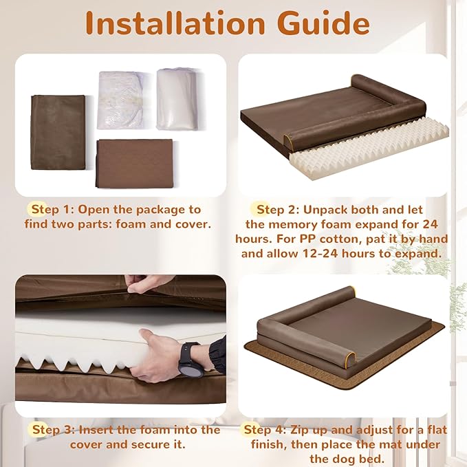 Big Dog Bed Orthopedic Memory Foam Dog Couch Waterproof with Anti-Slip Mat Washable Pet Beds Chew Proof (Brown)