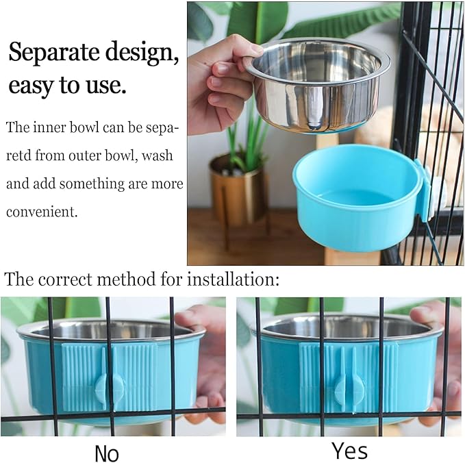 kathson Crate Dog Bowl, Removable Stainless Steel Hanging Pet Cage Bowl Food & Water Feeder Coop Cup for Cat, Puppy, Birds, Rats, Guinea Pigs (3 PCS, Size: L, Blue, Green, Pink)