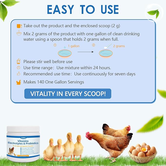 Chicken Vitamin, Electrolyte & Probiotic Supplement - Support Hydration Digestion Immunity Egg Production – Poultry Supplement for Chickens, Ducks, and All Ages of Birds – All-Season Use,10oz Powder