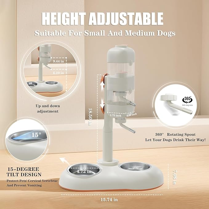 Pet Bowls,15°Tilted Puppy Food Bowls with Puppy Weaning Bottles,3 in 1 Height Adjustable Water Dispenser for Dogs,Pet Food Bowls for Ferrets,Cats,Rabbits and Small Sized Dogs(White)