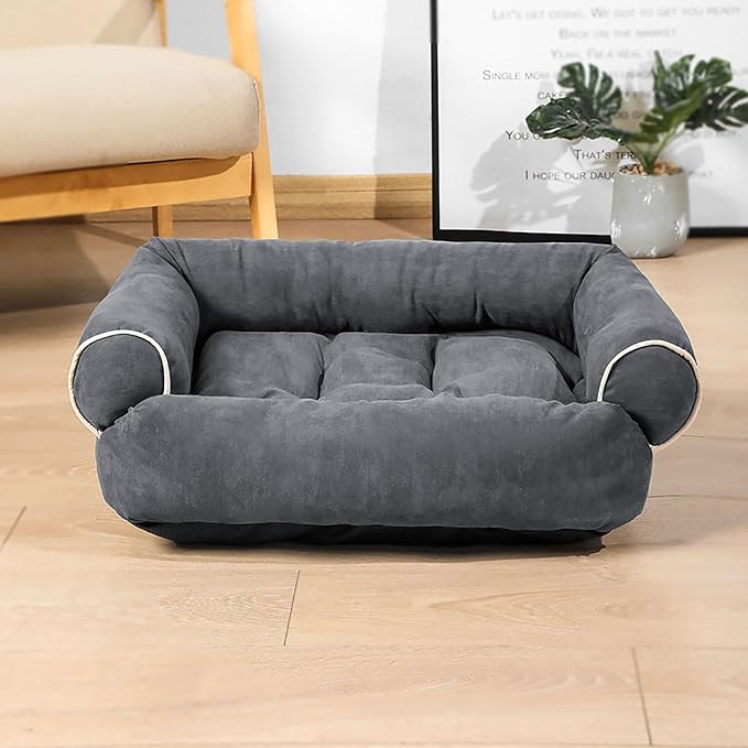 Suede Sofa Dog Bed, Multiple Sizes Orthopedic Memory Foam Mattress, Durable and Calming, Washable Dog Bed with Anti-Slip Bottom S Darkgray