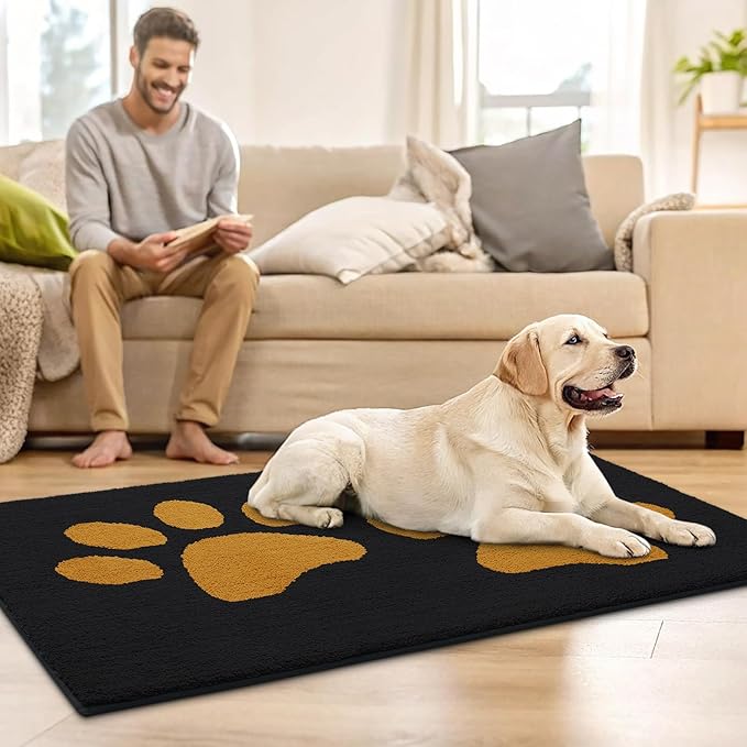 Buganda Dog Door Mat for Muddy Paws, Absorbent Dirt Trapper Washable Indoor Doormats, Non Slip Low-Profile Mud Mat for Dogs, Front Entrance Doormat for Inside Floor (30x20 Inches, Black and Yellow)