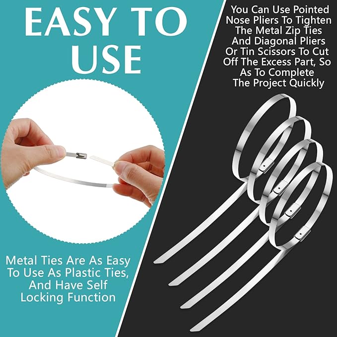 LEIFIDE 100 Pcs Metal Zip Ties 304 Stainless Steel Zip Ties Heavy Duty Self Locking 220 Pound Tensile Strength Cable Suitable for Exhaust Wrapping Fence Outdoor Workshop Canopy(11.8 Inch)