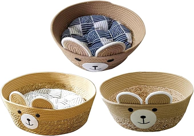 Pet Bed Woven Basket with Detachable Cushion Cartoon Bear Theme Bed Dog Detachable Cushion Nest Pet Furniture