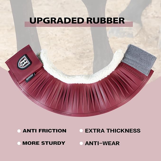 Harrison Howard Rubber Pull-on Bell Boots with Fleece Lining and Extra-Large Leather Touch-Close Tape Hoof Overreach Protection for Horses Sold in Pairs Wine Red L