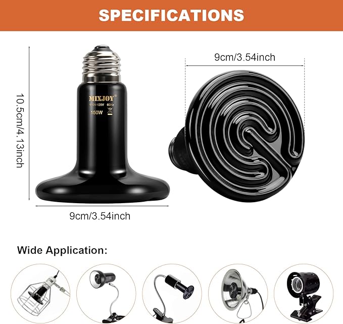 MIXJOY 150W Ceramic Heat Emitters - 2Pack No Light Reptile Heat Bulbs for Gecko, Lizard, Bearded Dragon, Turtle, Snake & Chicken