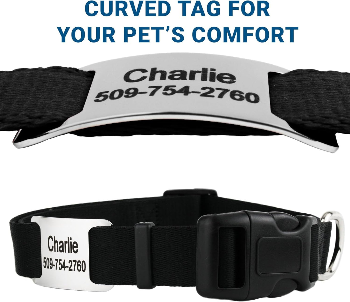 GoTags Personalized Dog Collar with Nameplate, Adjustable Dog Collar with Custom Engraved Slide On Pet ID Tag in Stainless Steel, Silent, No Noise Dog Tag (Charcoal, Medium)