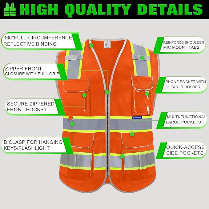 BeautyWill 5Pack Custom Logo Safety Vest 8 Pockets Class2 ANSI Certified High Visibility Reflective Vest for Men - Personalized Logo Heavy-Duty Work Vest（Orange，S）