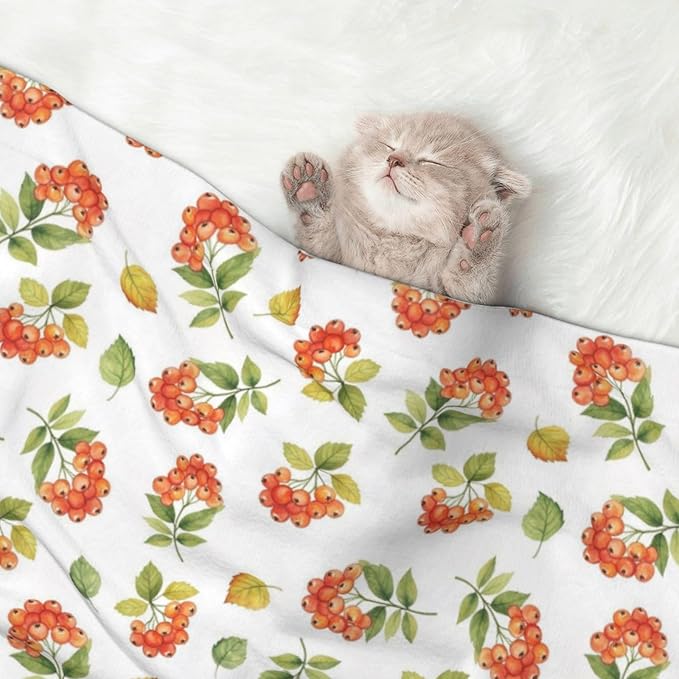 Reversible Plush Dot Pet Blanket for Dogs and Cats, Flower Berries Autumn Orange Art Pattern, Ultra Soft Two Sided Design with Warm Fuzzy Side and Smooth Side for Comfort
