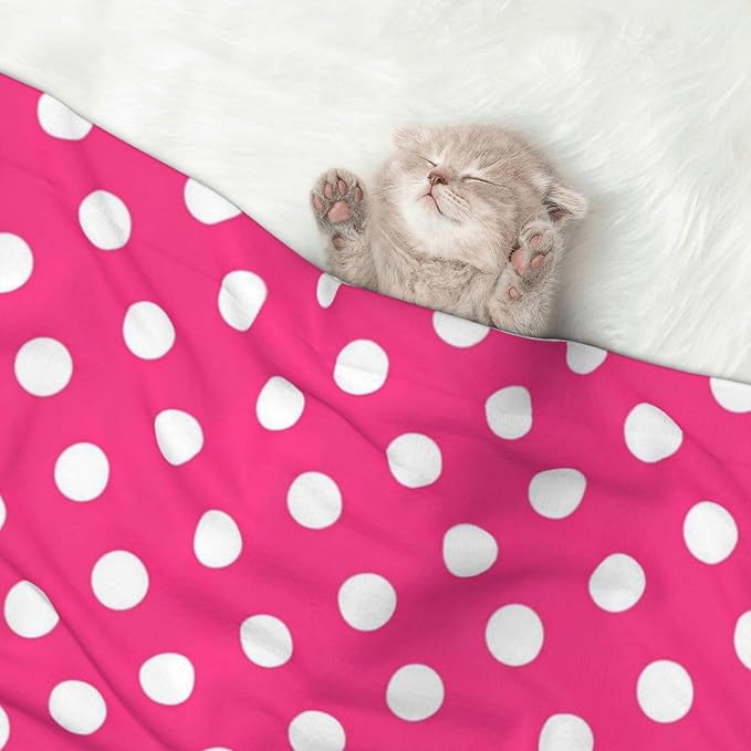Two Sided Plush Pet Blanket for Warmth Comfort, Pink Polka Dot, Reversible Throw with Cozy Nubby Side for Chilly Nights Napping Spots Around House