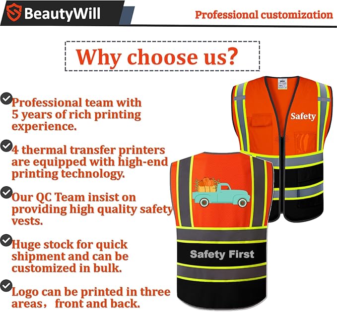 Custom Safety Vest Customized Logo Mesh Vest Class 2 High Visibility Reflective Vest with Pockets Orange Workwear（Orange Black，XL ）